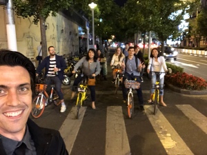 Group biking to the next bar